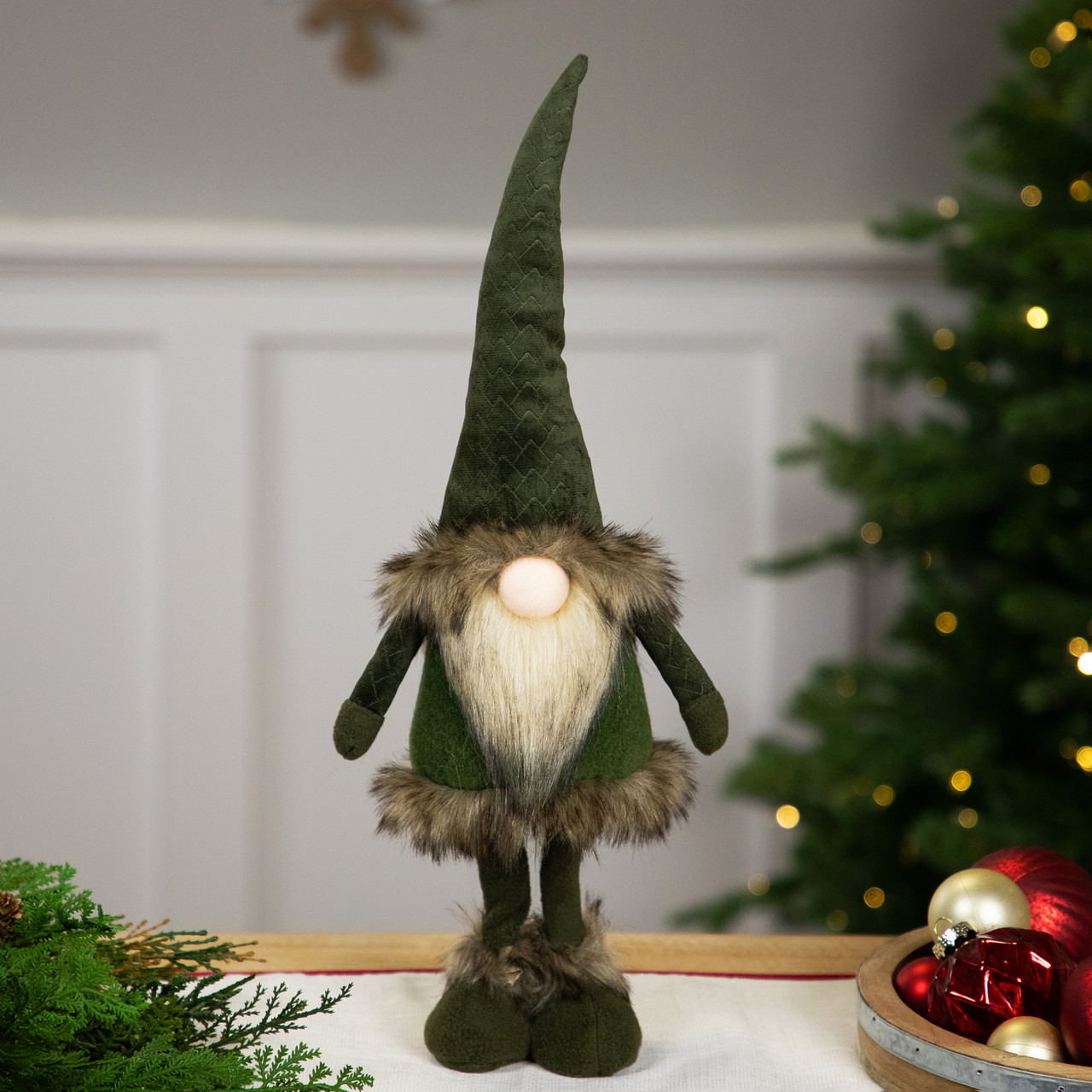 Standing Plush Gnome with Faux Fur Christmas Figure - 19" - Green