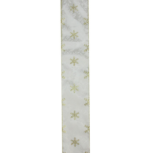 Gold and White Snowflake Printed Christmas Wired Craft Ribbon 2.5" x 10 Yards