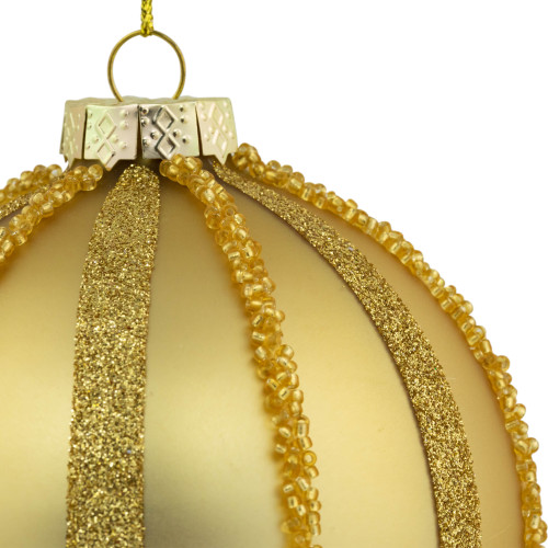 Set of 2 Gold Striped Glittered Glass Christmas Ball Ornaments 4"