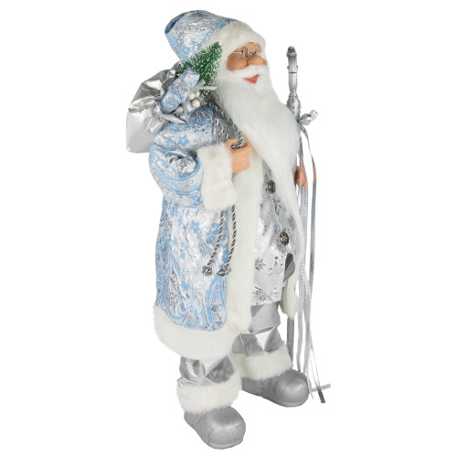 24" Blue and Silver Ice Palace Santa Claus with Staff and Bag Christmas Figure