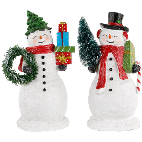 Shopping Snowmen Couple with Presents Christmas Figurines - 8" - Set of 2