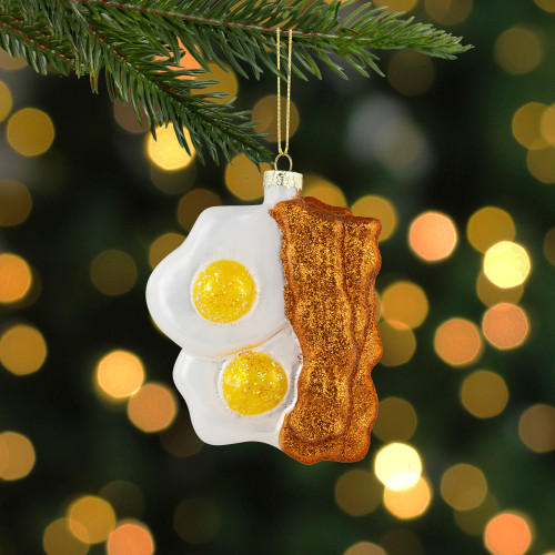 3.75" Eggs and Bacon Glittered Glass Christmas Hanging Ornament