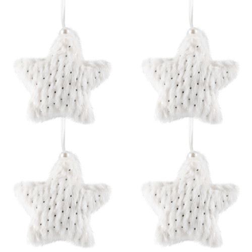 Faux Fur Star Christmas Ornaments - 4.75" - White - Set of 4