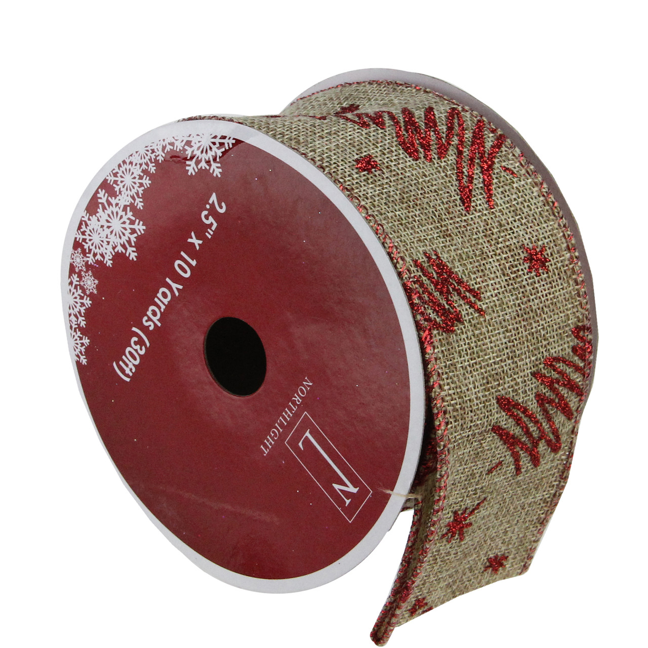 Red and Beige Christmas Tree Wired Craft Ribbon 2.5" x 10 Yards