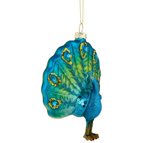 4.5" Blue and Green Peacock Glass Christmas Ornament