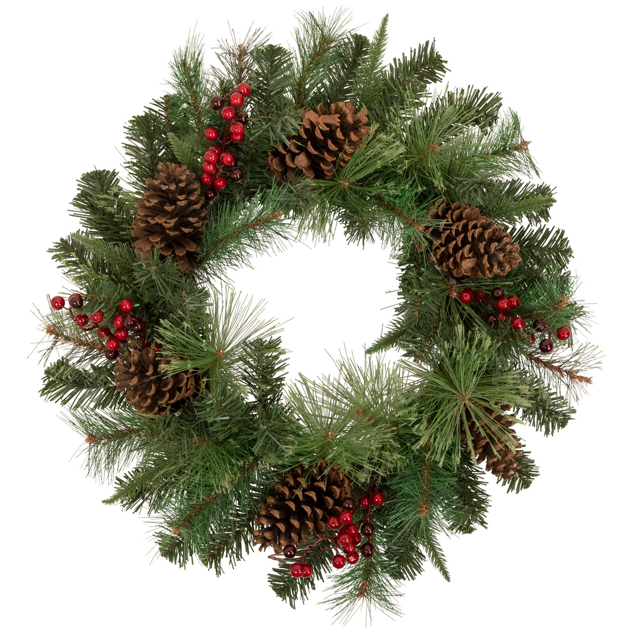 Pre-Lit Battery Operated Mixed Pine and Berries Christmas Wreath - 24" - Warm White LED Lights