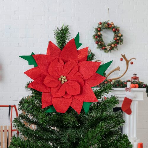 29" Red Poinsettia Tie-On Christmas Tree Topper, Unlit