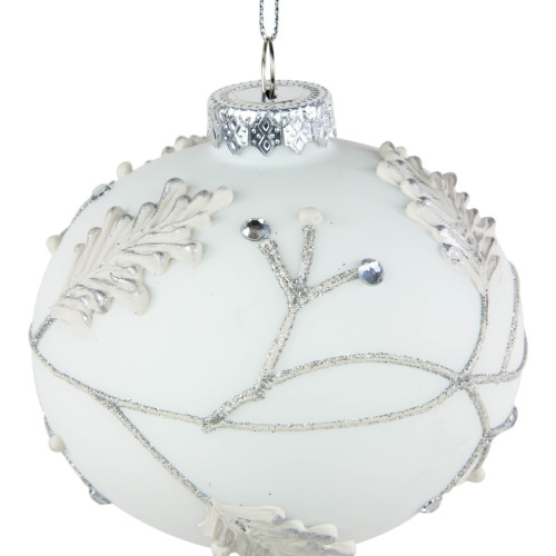 3.5" White and Silver Leaves Glass Onion Drop Christmas Ornament