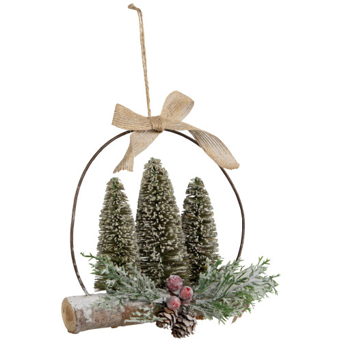 Flocked Bottle Brush Trees with Wooden Log Christmas Ornament - 7"