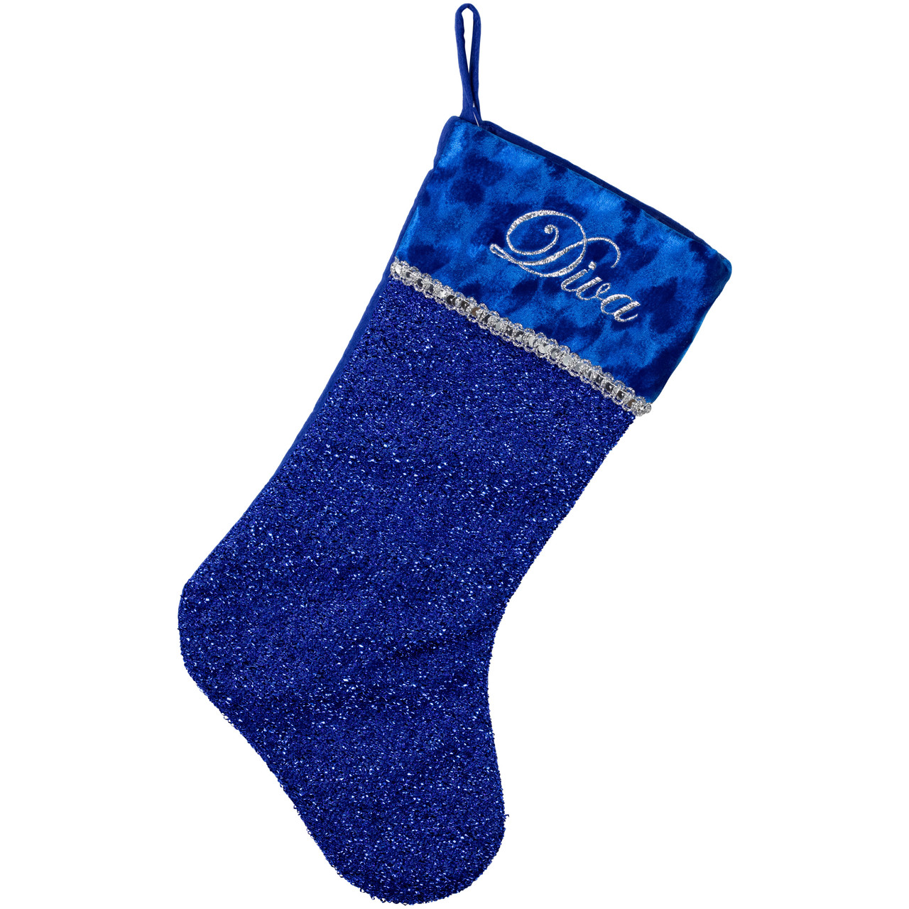 17" Blue and Silver Embroidered 'Diva' Christmas Stocking with Cuff