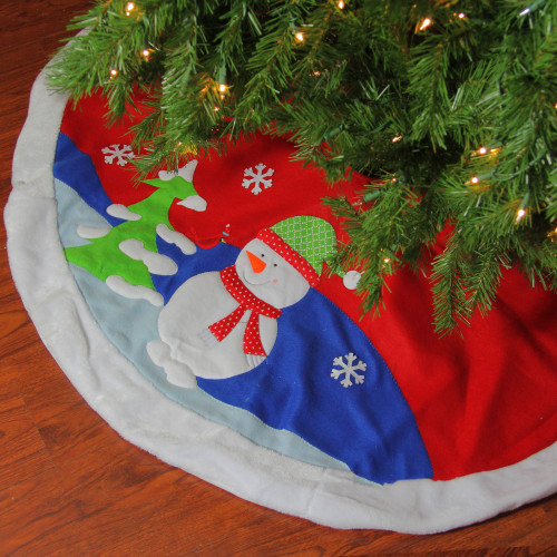 48" Red Fleece Christmas Snowman Winter Tree Skirt with White Faux Fur Trim