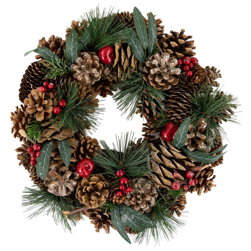 Green Mixed Foliage and Apple Artificial Christmas Wreath, 13.75-Inch, Unlit