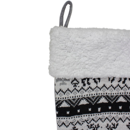 21" Black, Gray and White Rustic Lodge Knit Christmas Stocking with High Pile Fleece Cuff