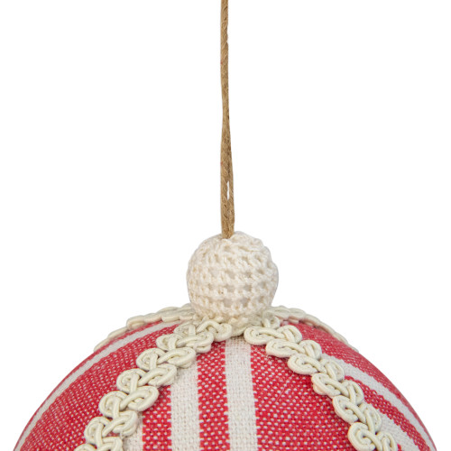 4.75" Red and White Striped Ball Christmas Ornament with Rope Accent