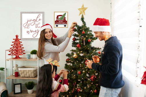 Red Christmas Truck 10.5" x 11.5" Framed Christmas Wall Decor Art Print Sign Poster in a Natural Wooden Frame with UV Acrylic and Hangers