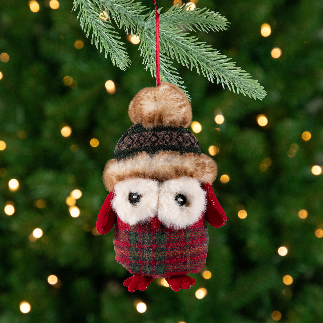 Plush Baby Owl in Plaid Christmas Ornament - 7"