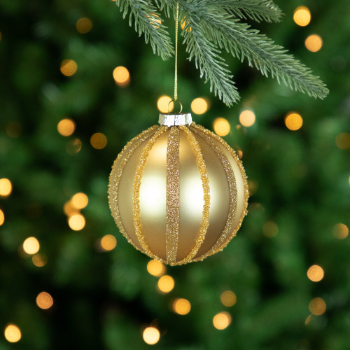 Set of 2 Gold Striped Glittered Glass Christmas Ball Ornaments 4"