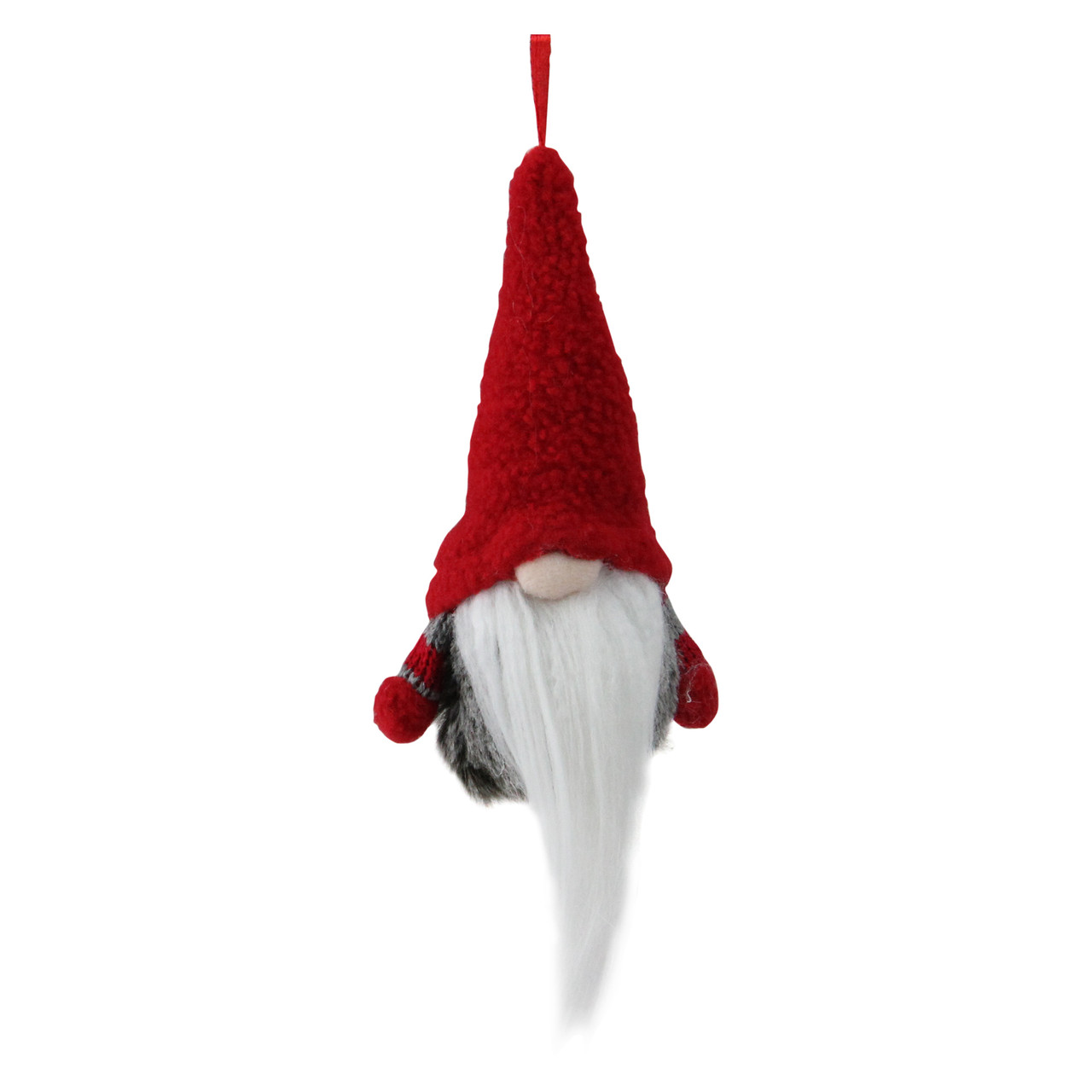 6�� Tiny Gray and Red Striped Faux Fur Christmas Santa Gnome Ornament