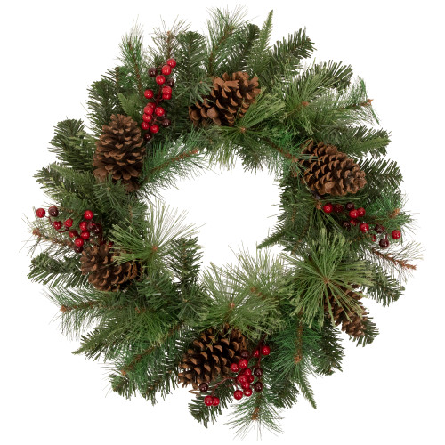 Pre-Lit Battery Operated Mixed Pine and Berries Christmas Wreath - 24" - Warm White LED Lights