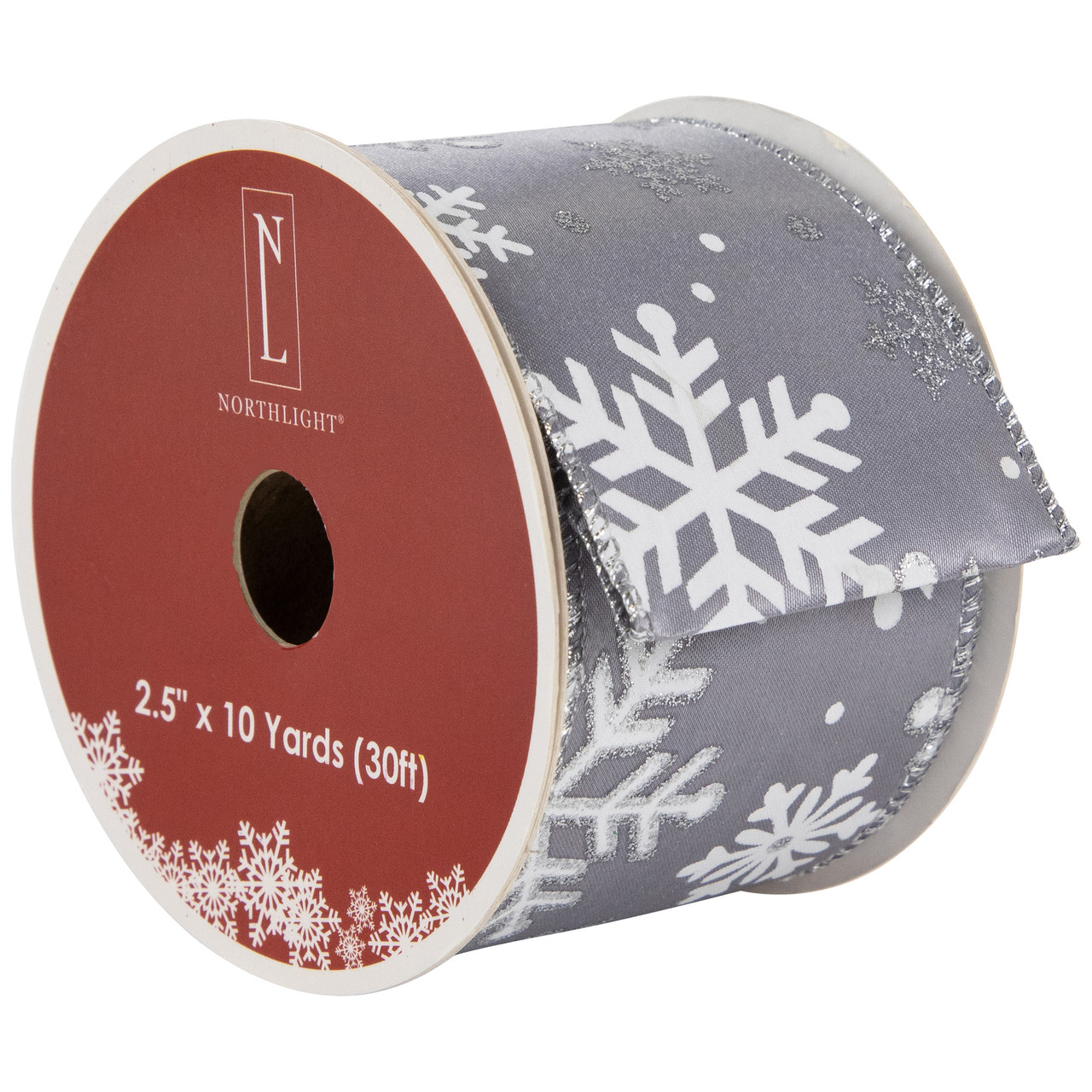 Gray and White Shimmering Snowflakes Wired Craft Christmas Ribbon 2.5" x 10 Yards