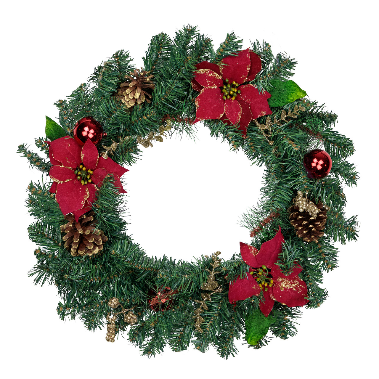 Pine, Poinsettia, Berry and Pine Cone Artificial Christmas Wreath, 24-Inch, Unlit