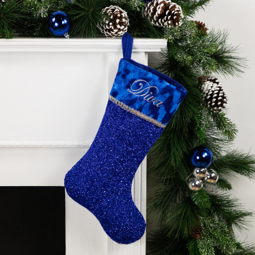 17" Blue and Silver Embroidered 'Diva' Christmas Stocking with Cuff