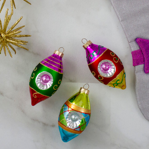 3ct Multi Color with Retro Reflectors Glass Finial Christmas Ornament Set 4.25" (100mm)