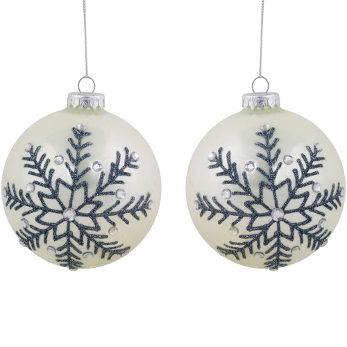 Set of 2 Shiny Pearl White Glittered Snowflake Glass Christmas Ball Ornaments 4"