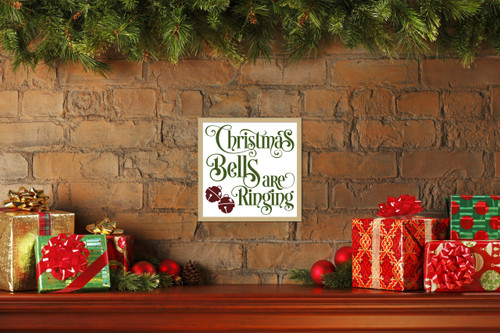 Christmas Bells are Ringing 9.5" x 9.5" Framed Christmas Wall Decor Art Print Sign Poster in a Natural Wooden Frame with UV Acrylic and Hangers