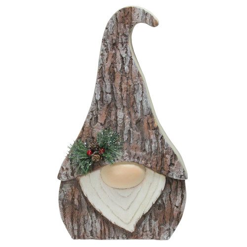 Faux Tree Bark Gnome with Holly Berry Christmas Figure - 16" - Brown and White