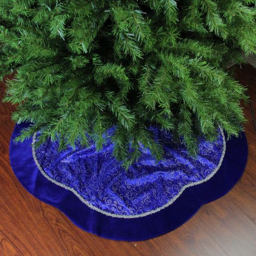 48" Royal Blue and Silver Swirl Christmas Tree Skirt with Scalloped Trim