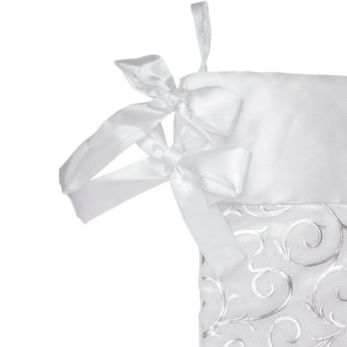 19�� White and Silver Filigree Christmas Stocking with Bows
