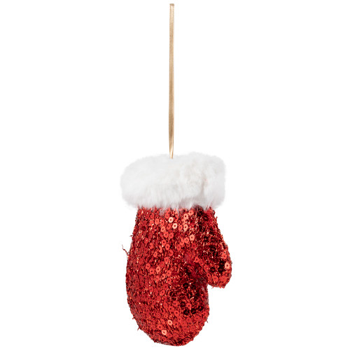 Sequined Winter Mitten with Plush Trim Christmas Ornament -  6" - Red