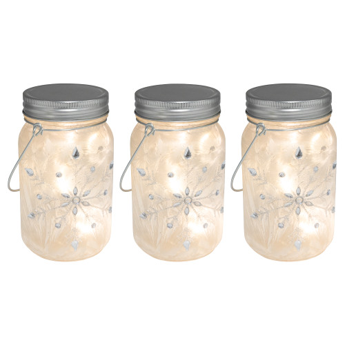 Battery Operated Silver Snowflake Glass Mason Jars - Set of 3