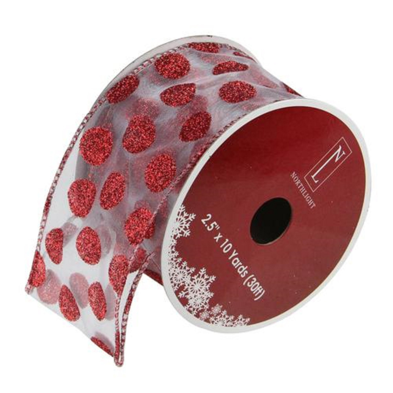 Silver and Red Glittering Polka Dots Christmas Wired Craft Ribbon 2.5" x 10 Yards