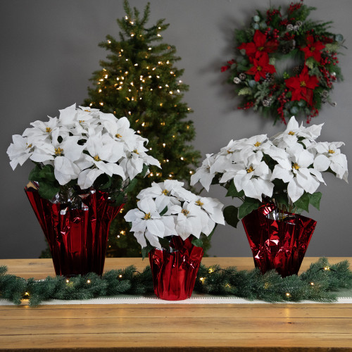 Artificial Christmas Poinsettia with Wrapped Base - 14.5" - White and Red
