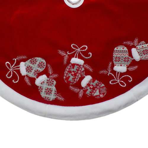48-Inch Red and White Embroidered Winter Mittens Christmas Tree Skirt