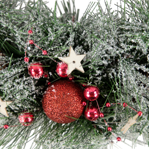 Red Ornaments, Pine Needle and Stars Frosted Christmas Wreath, 13.75-Inch