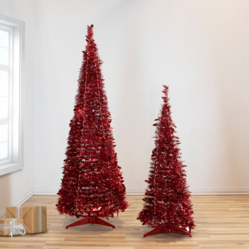 6' Red Tinsel Pop-Up Artificial Christmas Tree, Unlit