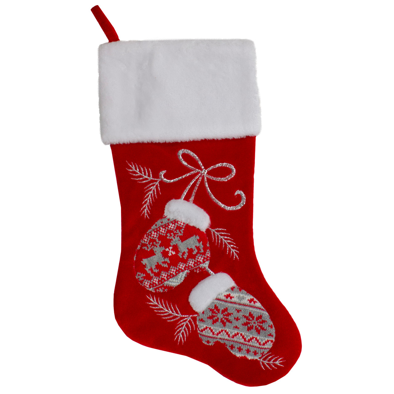 20.5-Inch Red and White Winter Mittens Embroidered Christmas Stocking