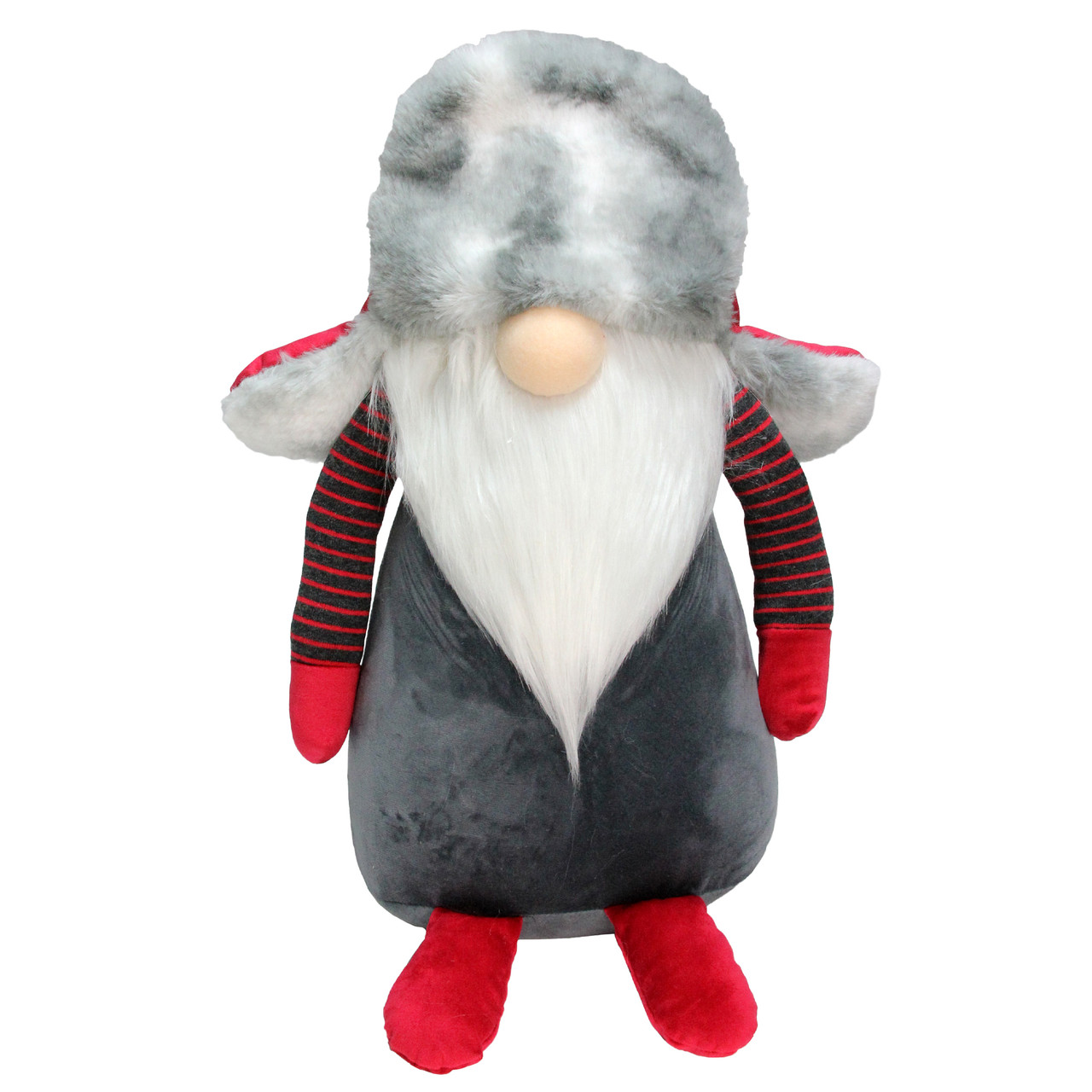 Gnome with Fur Trapper Hat and Striped Arms Christmas Figure - 14" - Grey and Red