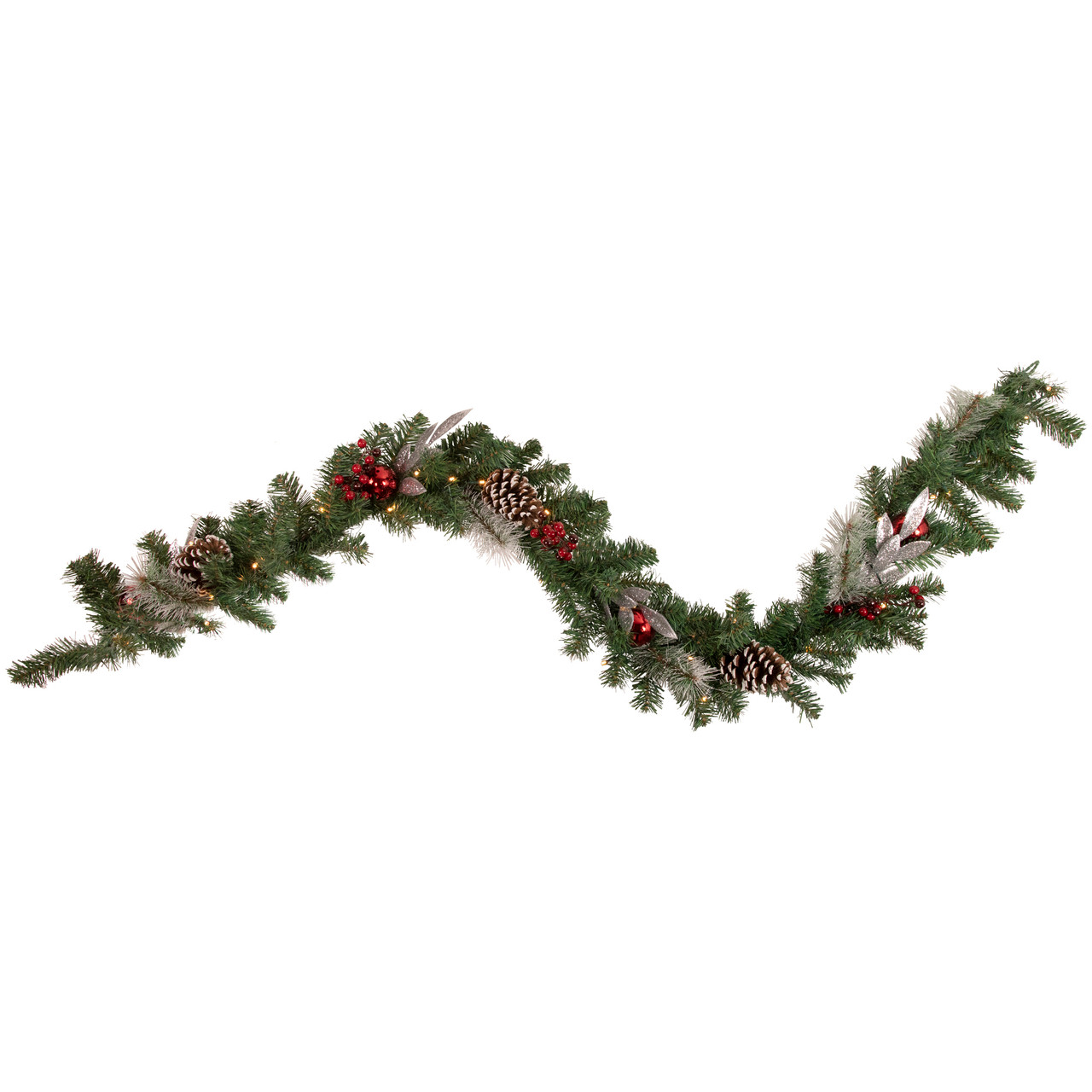 Pre-Lit Battery Operated Frosted Pine and Berries Christmas Garland - 6' x 9" - Cool White LED Lights