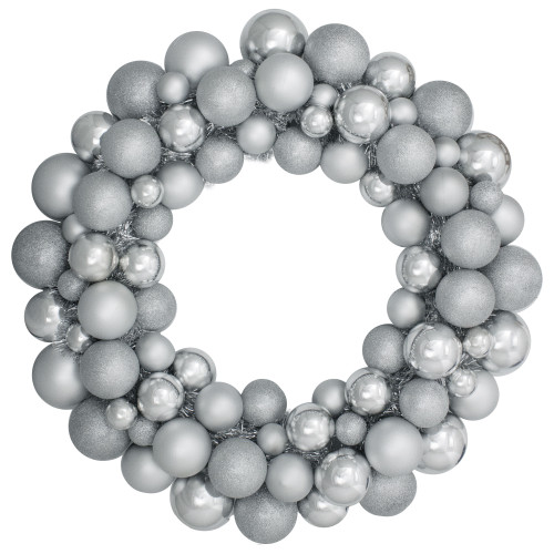 Silver 3-Finish Shatterproof Ball Ornament Christmas Wreath, 36-Inch