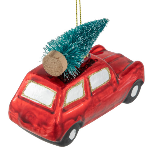 3.5" Red Station Wagon with Tree Glass Christmas Ornament
