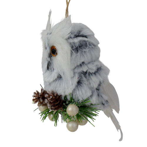 6" White Owl with Pinecones and Berries Christmas Ornament