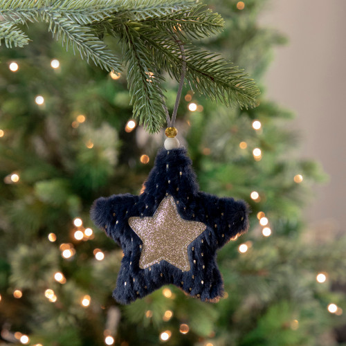 5.5" Blue and Gold Plush Star Christmas Ornament