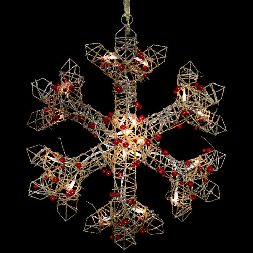 19" Lighted Silver Glittered Berry Rattan Snowflake Christmas Window Decoration