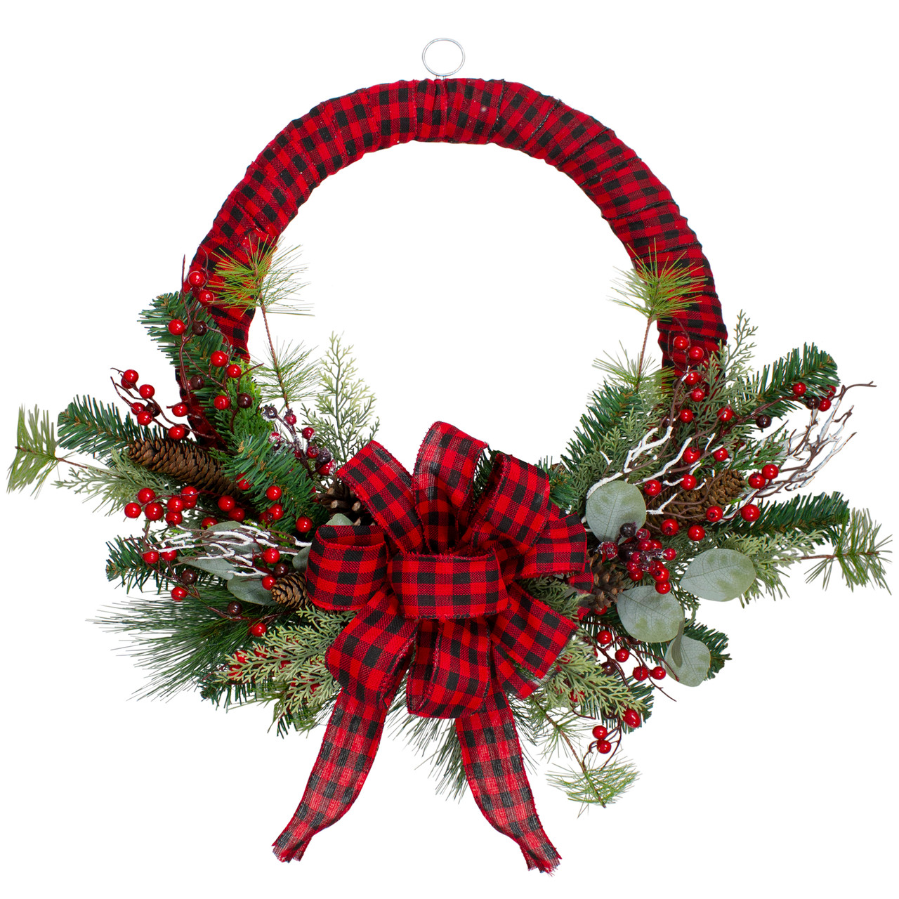 Red and Black Buffalo Plaid and Berry Artificial Christmas Wreath - 24-Inch, Unlit