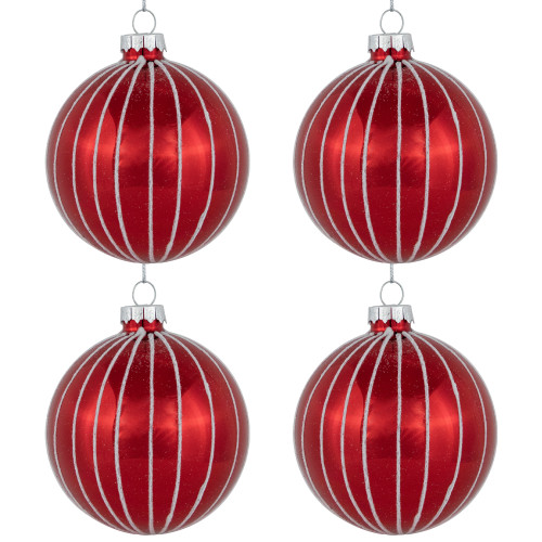 4ct Shiny Red and White Striped Glass Ball Christmas Ornaments 3" (80mm)