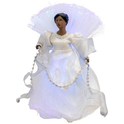 Lighted Fiber Optic African American Angel Christmas Tree Topper - 12" - Silver